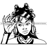 Black Goddess Lola Boss Lady Glasses Nubian Portrait  Bamboo Hoop Earrings Sexy Fashion Woman Banku Knots Hair Style B/W SVG Cutting Files For Silhouette  Cricut