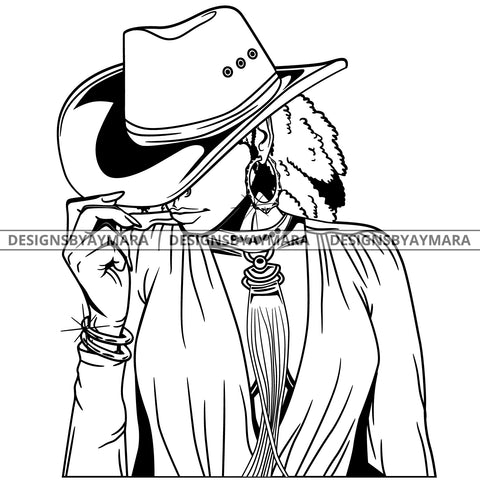 Afro Lola Black Goddess Cow Girl Necklace Portrait Bamboo Hoop Earrings Sexy Fashion Woman Afro Hair Style B/W SVG Cutting Files For Silhouette  Cricut