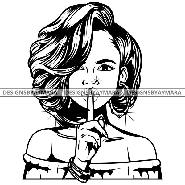 Black Goddess Lola Boss Lady Bamboo Hoop Earrings Sexy Quiet Silence Woman Wavy Hair Style B/W SVG Cutting Files For Silhouette  Cricut