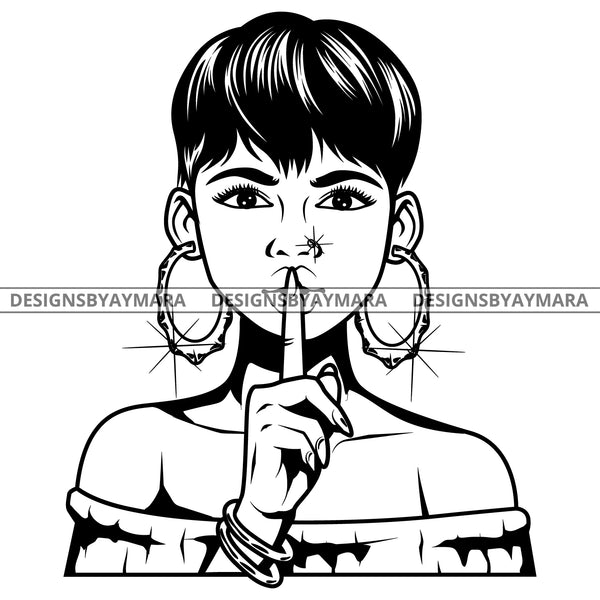Black Goddess Lola Boss Lady Bamboo Hoop Earrings Sexy Quiet Silence Woman Short  Hair Style B/W SVG Cutting Files For Silhouette  Cricut