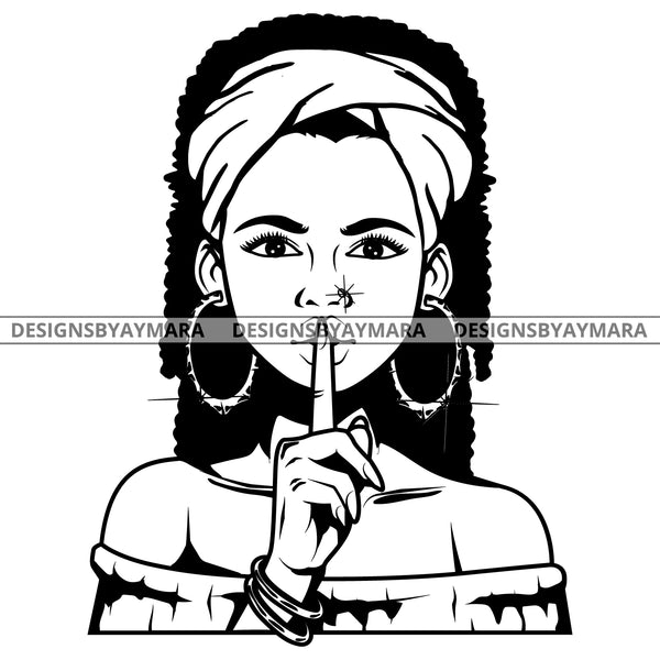 Black Goddess Lola Boss Lady Turban Bamboo Hoop Earrings Sexy Quiet Silence Woman Long Dreadlocks Hair Style B/W SVG Cutting Files For Silhouette  Cricut