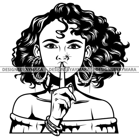 Black Goddess Lola Boss Lady Bamboo Hoop Earrings Sexy Quiet Silence Woman Curly Hair Style B/W SVG Cutting Files For Silhouette  Cricut