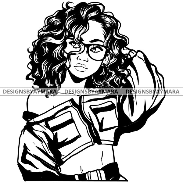 Black Goddess Lola Boss Lady Glasses Nubian Portrait  Bamboo Hoop Earrings Sexy Woman Curly Hair Style B/W SVG Cutting Files For Silhouette  Cricut