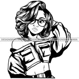 Black Goddess Lola Boss Lady Glasses Nubian Portrait  Bamboo Hoop Earrings Sexy Woman Wavy Hair Style B/W SVG Cutting Files For Silhouette  Cricut