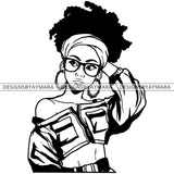 Black Goddess Lola Boss Lady Glasses Nubian Portrait Turban Bamboo Hoop Earrings Sexy Woman Up Do Hair Style B/W SVG Cutting Files For Silhouette  Cricut