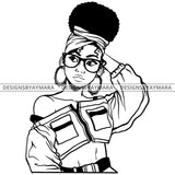 Black Goddess Lola Boss Lady Glasses Nubian Portrait Turban Bamboo Hoop Earrings Sexy Woman Up Do Hair Style B/W SVG Cutting Files For Silhouette  Cricut