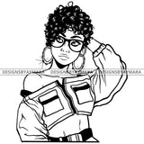 Black Goddess Lola Boss Lady Glasses Nubian Portrait  Bamboo Hoop Earrings Sexy Woman Short Hair Style B/W SVG Cutting Files For Silhouette  Cricut