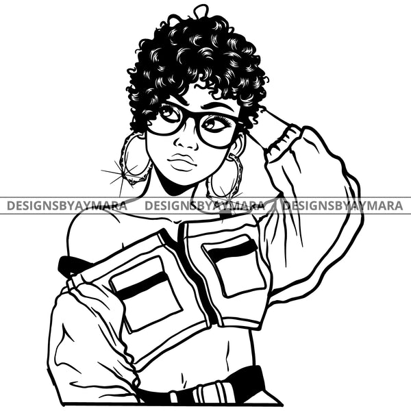 Black Goddess Lola Boss Lady Glasses Nubian Portrait  Bamboo Hoop Earrings Sexy Woman Short Hair Style B/W SVG Cutting Files For Silhouette  Cricut