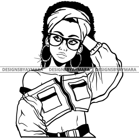 Black Goddess Lola Boss Lady Glasses Nubian Portrait Turban Bamboo Hoop Earrings Sexy Woman Long Hair Style B/W SVG Cutting Files For Silhouette  Cricut