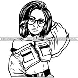 Black Goddess Lola Boss Lady Glasses Nubian Portrait  Bamboo Hoop Earrings Sexy Woman Straight Hair Style B/W SVG Cutting Files For Silhouette  Cricut