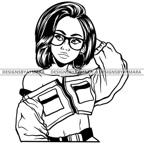 Black Goddess Lola Boss Lady Glasses Nubian Portrait  Bamboo Hoop Earrings Sexy Woman Straight Hair Style B/W SVG Cutting Files For Silhouette  Cricut