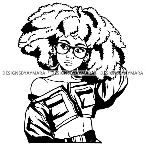 Black Goddess Lola Boss Lady Glasses Nubian Portrait  Bamboo Hoop Earrings Sexy Woman Afro Hair Style B/W SVG Cutting Files For Silhouette  Cricut