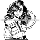 Black Goddess Lola Boss Lady Glasses Nubian Portrait  Bamboo Hoop Earrings Sexy Woman Wavy Hair Style B/W SVG Cutting Files For Silhouette  Cricut