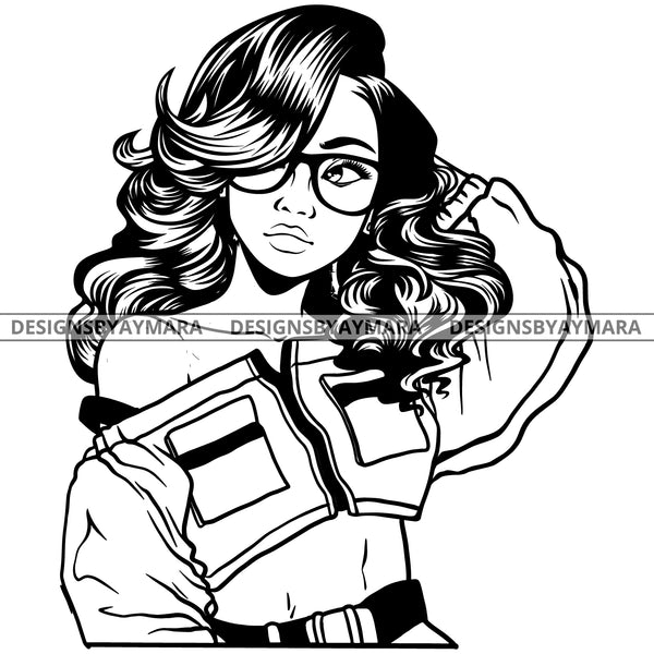 Black Goddess Lola Boss Lady Glasses Nubian Portrait  Bamboo Hoop Earrings Sexy Woman Wavy Hair Style B/W SVG Cutting Files For Silhouette  Cricut