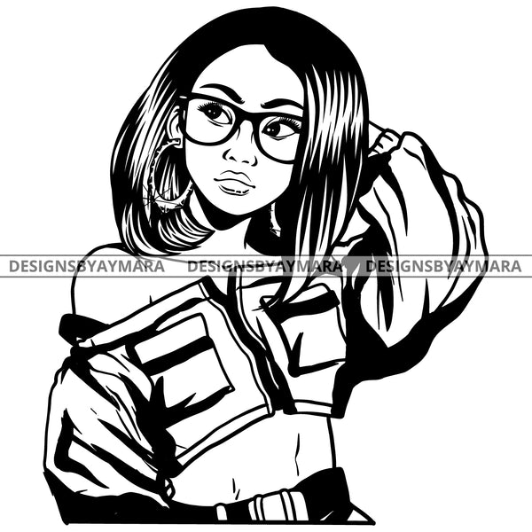 Black Goddess Lola Boss Lady Glasses Nubian Portrait  Bamboo Hoop Earrings Sexy Woman Straight Hair Style B/W SVG Cutting Files For Silhouette  Cricut