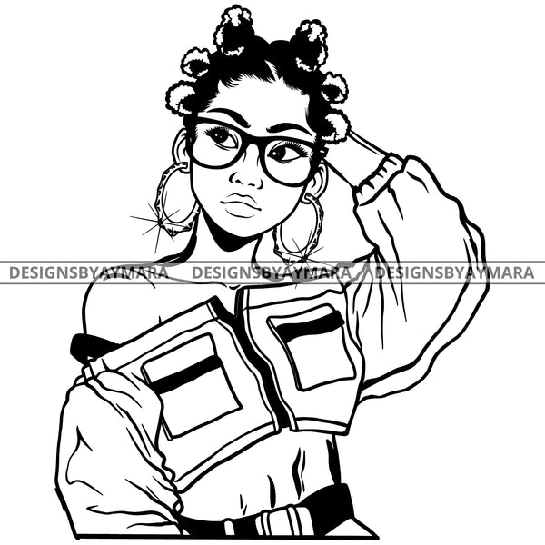 Black Goddess Lola Boss Lady Glasses Nubian Portrait  Bamboo Hoop Earrings Sexy Woman Banku Knots Hair Style B/W SVG Cutting Files For Silhouette  Cricut