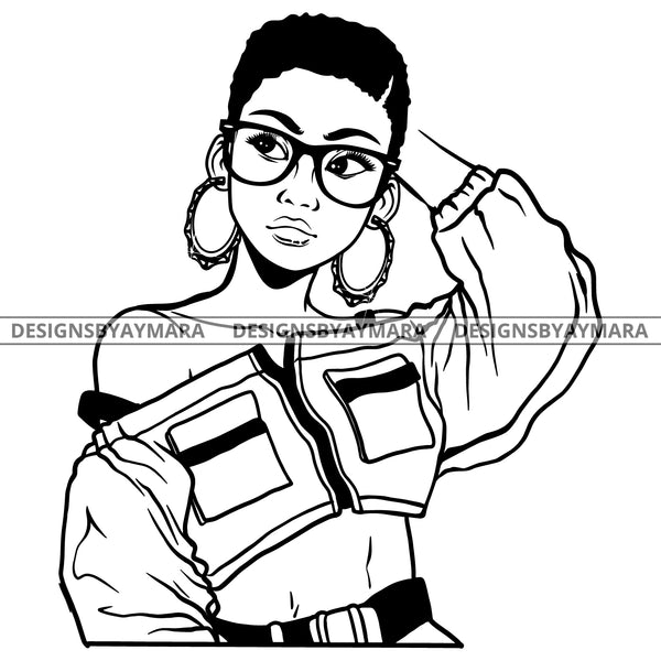 Black Goddess Lola Boss Lady Glasses Nubian Portrait  Bamboo Hoop Earrings Sexy Woman Short Hair Style B/W SVG Cutting Files For Silhouette  Cricut