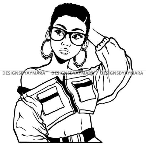 Black Goddess Lola Boss Lady Glasses Nubian Portrait  Bamboo Hoop Earrings Sexy Woman Short Hair Style B/W SVG Cutting Files For Silhouette  Cricut
