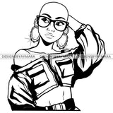 Black Goddess Lola Boss Lady Glasses Nubian Portrait  Bamboo Hoop Earrings Sexy Woman Bald Hair Style B/W SVG Cutting Files For Silhouette  Cricut