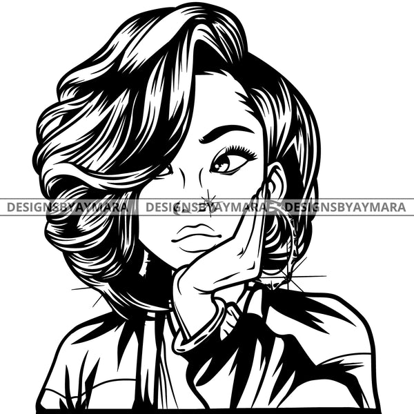Black Goddess Lola Boss Lady Nubian Portrait Worried Bamboo Hoop Earrings Sexy Woman Wavy Hair Style B/W SVG Cutting Files For Silhouette  Cricut