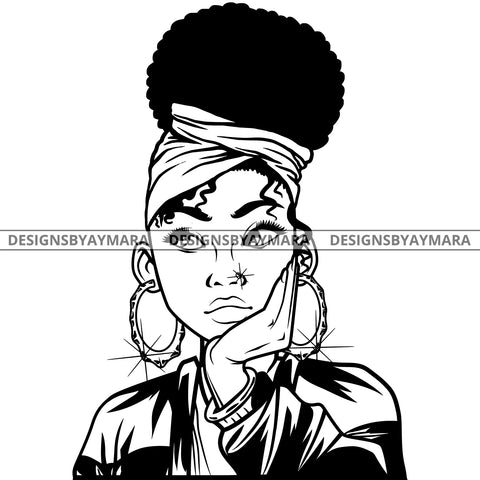 Black Goddess Lola Boss Lady Nubian Portrait Worried Bamboo Hoop Earrings Turban Sexy Woman Up Do Hair Style B/W SVG Cutting Files For Silhouette  Cricut