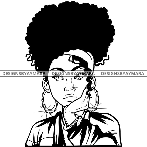 Black Goddess Lola Boss Lady Nubian Portrait Worried Bamboo Hoop Earrings Sexy Woman Up Do Hair Style B/W SVG Cutting Files For Silhouette  Cricut