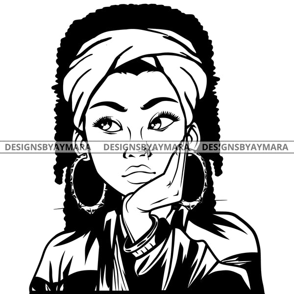 Black Goddess Lola Boss Lady Nubian Portrait Worried Turban Bamboo Hoop Earrings Sexy Woman Long Hair Style B/W SVG Cutting Files For Silhouette  Cricut