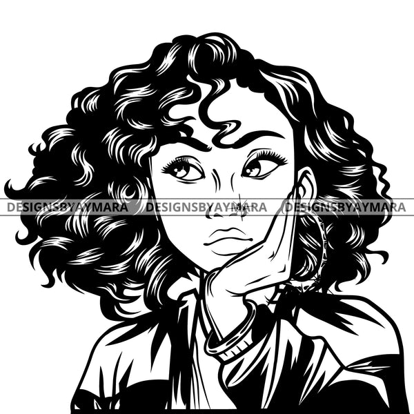 Black Goddess Lola Boss Lady Nubian Portrait Worried Bamboo Hoop Earrings Sexy Woman Curly Hair Style B/W SVG Cutting Files For Silhouette  Cricut