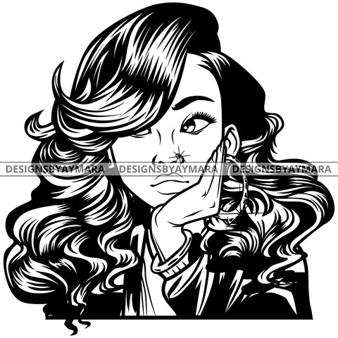 Black Goddess Lola Boss Lady Nubian Portrait Worried Bamboo Hoop Earrings Sexy Woman Wavy Hair Style B/W SVG Cutting Files For Silhouette  Cricut