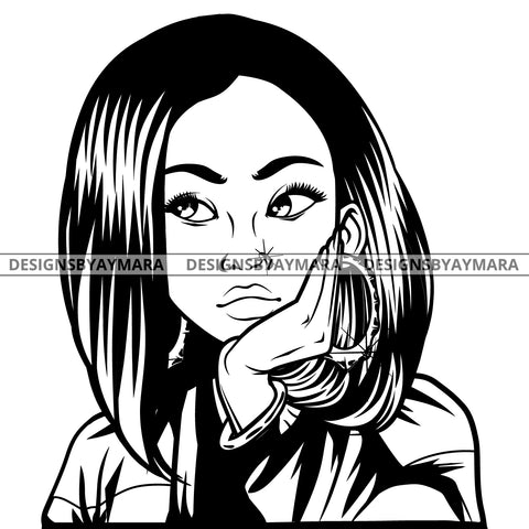 Black Goddess Lola Boss Lady Nubian Portrait Worried Bamboo Hoop Earrings Sexy Woman Straight Hair Style B/W SVG Cutting Files For Silhouette  Cricut