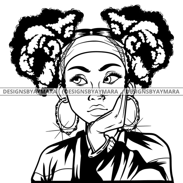 Black Goddess Lola Boss Lady Nubian Portrait Worried Bamboo Hoop Earrings Sexy Woman Pigtails Hair Style B/W SVG Cutting Files For Silhouette  Cricut