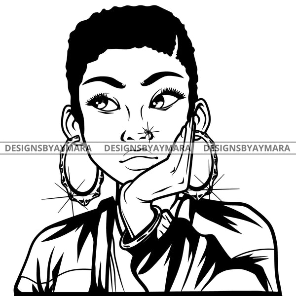 Black Goddess Lola Boss Lady Nubian Portrait Worried Bamboo Hoop Earrings Sexy Woman Short Hair Style B/W SVG Cutting Files For Silhouette  Cricut