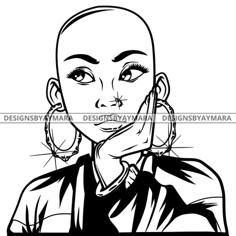 Black Goddess Lola Boss Lady Nubian Portrait Worried Bamboo Hoop Earrings Sexy Woman Bald Hair Style B/W SVG Cutting Files For Silhouette  Cricut