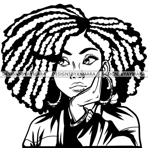 Black Goddess Lola Boss Lady Nubian Portrait Worried Bamboo Hoop Earrings Sexy Woman Afro Hair Style B/W SVG Cutting Files For Silhouette  Cricut