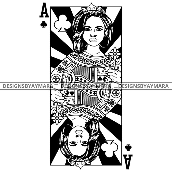 Black Goddess Lola Queen Of Hearts Crown Royalty Hoop Earrings Woman Wavy Hair Style B/W SVG Cutting Files For Silhouette  Cricut