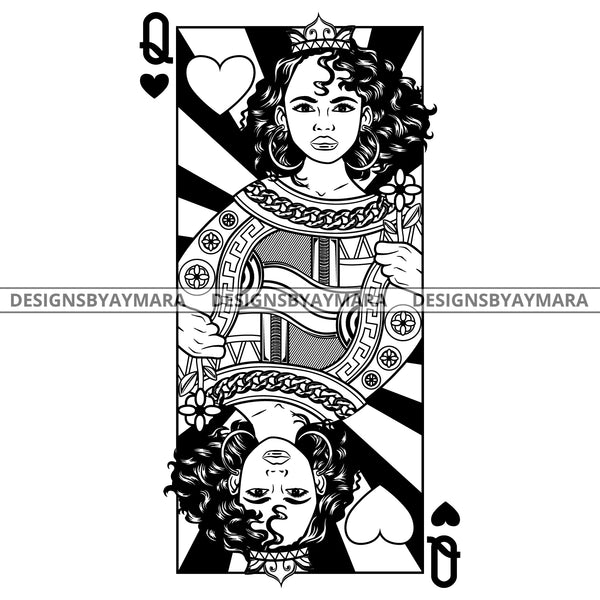 Black Goddess Lola Queen Of Hearts Crown Royalty Hoop Earrings Woman Curly Hair Style B/W SVG Cutting Files For Silhouette  Cricut