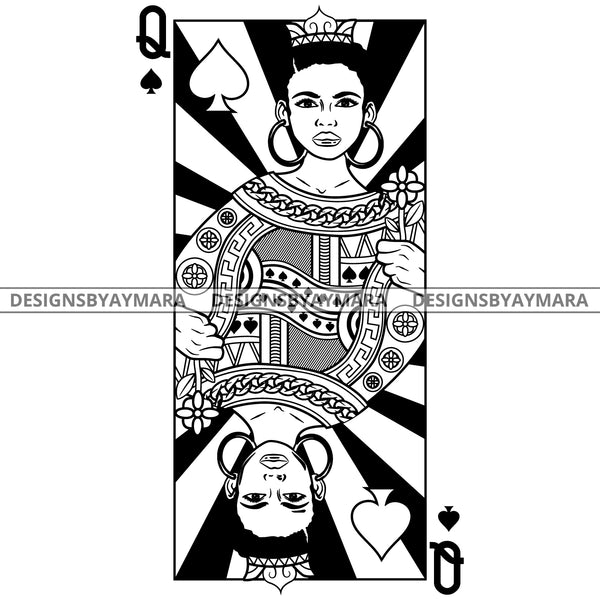 Black Goddess Lola Queen Of Hearts Crown Royalty Hoop Earrings Woman Short Hair Style B/W SVG Cutting Files For Silhouette  Cricut