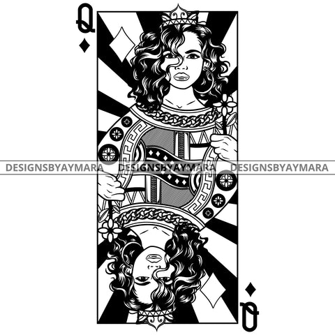 Black Goddess Lola Queen Of Hearts Crown Royalty Hoop Earrings Woman Curly Hair Style B/W SVG Cutting Files For Silhouette  Cricut