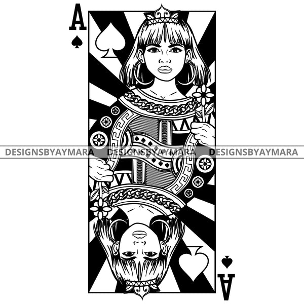 Black Goddess Lola Queen Of Hearts Crown Royalty Hoop Earrings Woman Straight Hair Style B/W SVG Cutting Files For Silhouette  Cricut