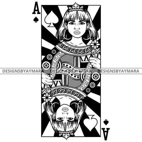 Black Goddess Lola Queen Of Hearts Crown Royalty Hoop Earrings Woman Straight Hair Style B/W SVG Cutting Files For Silhouette  Cricut