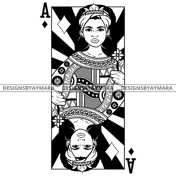 Black Goddess Lola Queen Of Hearts Crown Royalty Turban Hoop Earrings Woman Afro Hair Style B/W SVG Cutting Files For Silhouette  Cricut