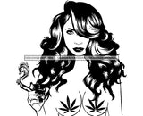 Afro Woman Smoking Holding Cigarette And Lighter Black And White Color Curly Hair Vector Design Element Marijuana Leaves Weed SVG JPG PNG Vector Clipart Cricut Cutting Files