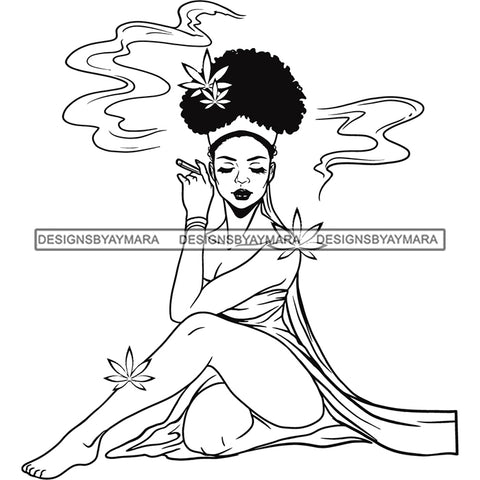 Sexy Melanin Woman Smoking Weed Marijuana Leaves Headband Updo Hairstyle B/W SVG JPG PNG Vector Designs Cutting Files For Circuit Silhouette