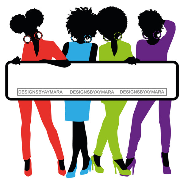 Group Of Black Women Silhouettes Holding Banner Sign Logo Business Advertising Melanin Hot Seller SVG Cut Files For Silhouette Cricut More