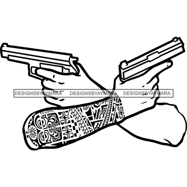 Crossed Man Arms Tattoo Holding Guns Gangster Gansta Dealer Money Business B/W SVG JPG PNG Vector Clipart Cricut Silhouette Cut Cutting