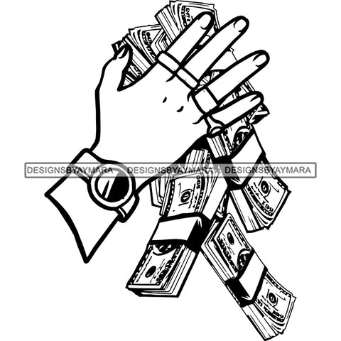 Man Hand Wearing Watch Rings Money Dollars Cash Gangster Dealer Business B/W SVG JPG PNG Vector Clipart Cricut Silhouette Cut Cutting