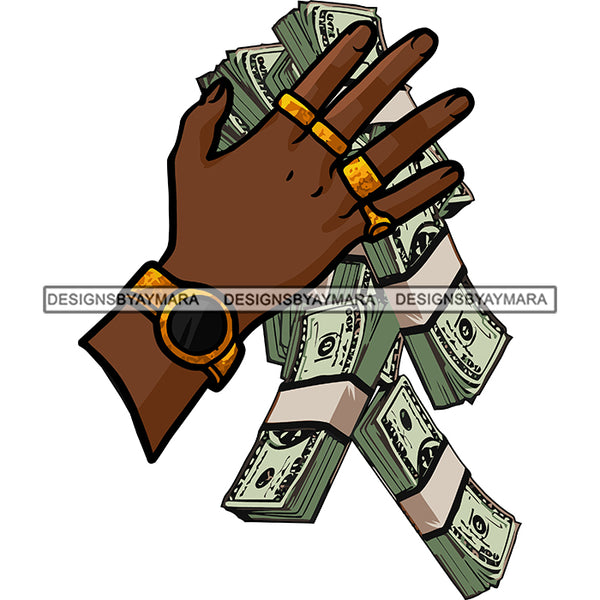 Black Man Hand Wearing Watch Rings Money Dollars Cash Gangster Dealer Business SVG JPG PNG Vector Clipart Cricut Silhouette Cut Cutting