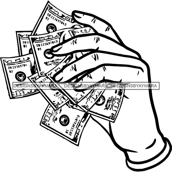 Man Hand Holding Money 100 Dollar Bills Benjamin Wealth Gangster Business B/W SVG JPG PNG Vector Clipart Cricut Silhouette Cut Cutting