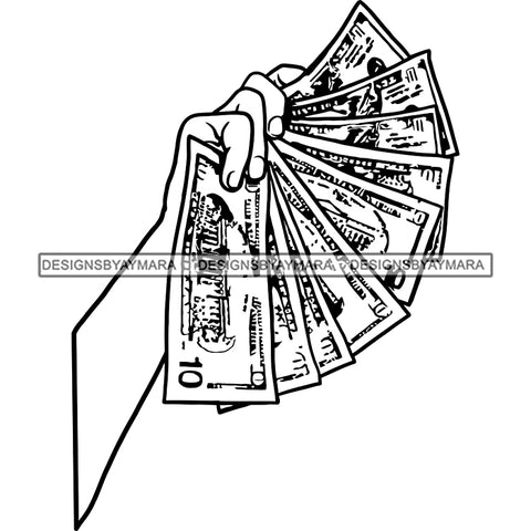 Man Hand Holding Money 100 Dollar Bills Benjamin Cash Gangster Business Illustration B/W SVG JPG PNG Vector Clipart Cricut Silhouette Cut Cutting