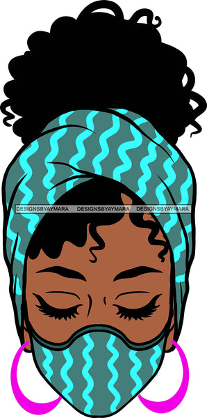 Afro Black Goddess Portrait Bamboo Earrings Bandana Face Mask Sexy Lips Woman Up Do Hair Style  SVG Cutting Files For Silhouette  Cricut